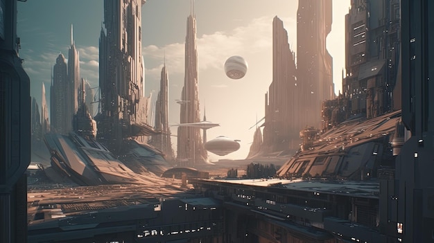 Vom Krieg zerrissene futuristische Stadt mit digitaler Kunstillustration eines riesigen Raumschiffs. Generative KI