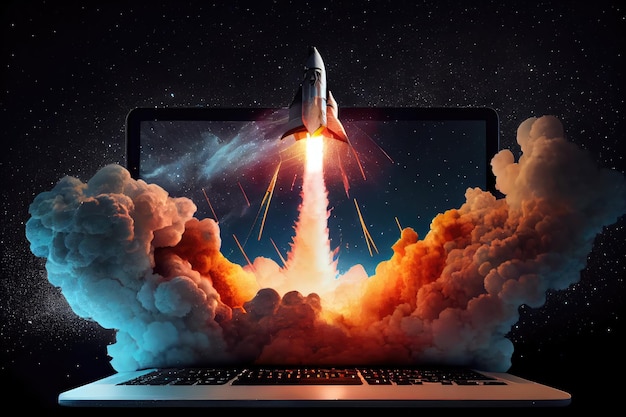 Vom Laptop-Bildschirm abgeschossene Rakete mit Sternenhimmel im Hintergrund