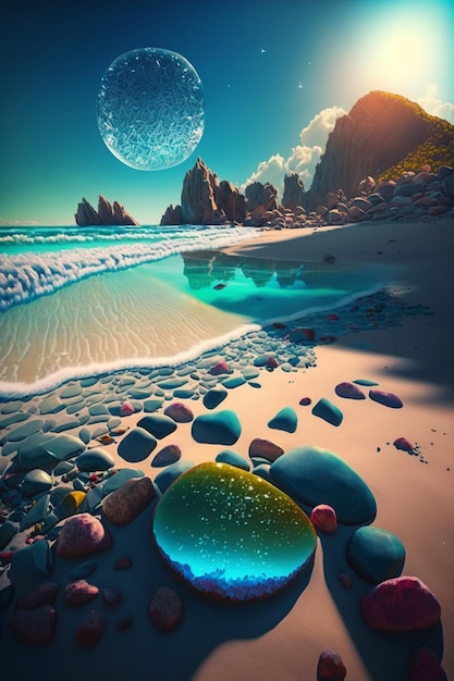 Vom Strand aus aufgenommenes Bild mit Blick auf den Planeten generative KI