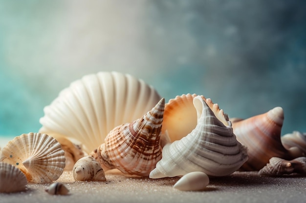 Vom Strand inspirierte Fotografie von Muscheln mit einem neutralen, von der KI generierten Hintergrund