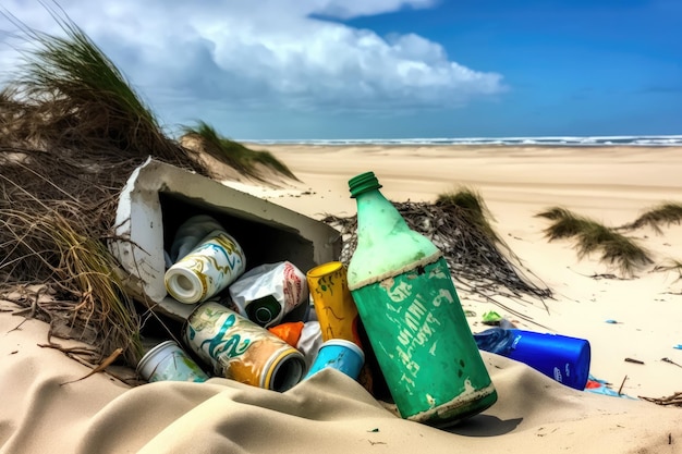 Vom Wind verwehter Strand mit weggeworfenen Flaschen, Dosen und anderem Müll, der mit generativer KI erstellt wurde