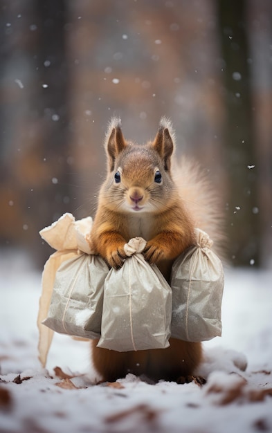 Vom Winter geschützt Das Eichhörnchen bereitet seine Nahrung sorgfältig vor