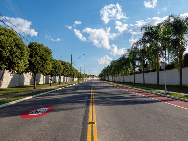 Von bäumen gesäumte straße mit radweg, blauem himmel und wolken