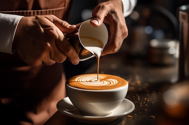 Von der Kaffeemaschine in eine Tasse Cappuccino gegossene Sahnemilch zum Servieren im Café