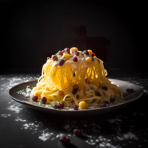 Von der Molekularküche inspirierte rekonstruierte Spaghetti Carbonara, moderne Kunst, äußerst detailliertes Ring-Dining, Molekularküche, Spaghetti Carbonara-Kunst, generierte KI