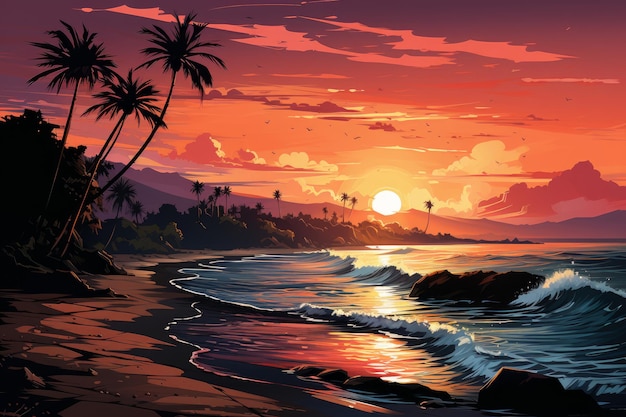 Von der Natur inspirierte Szenenmotiv-Grafik Gestalten Sie einen ruhigen Sonnenuntergang an der Küste