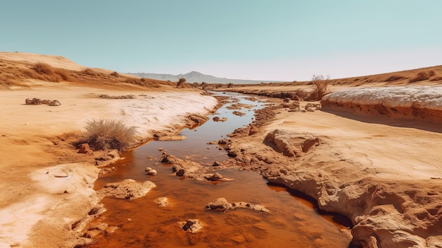 Von Dürre heimgesuchte Landschaft mit ausgetrocknetem Fluss. Generative KI