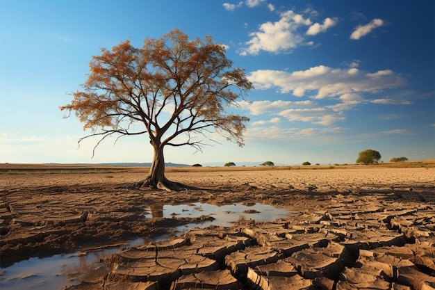 Von Dürre heimgesuchter Boden trägt einen einzelnen Baum, der die Auswirkungen des Klimawandels und der Wasserknappheit darstellt