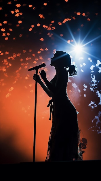 Foto von einem folklore-mädchen, das auf der bühne zu einem mikrofon singt