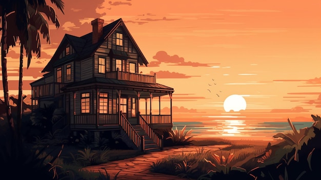 Von einem viktorianischen Cottage am Strand mit Palmen und einem Sonnenuntergang illustartion Logo 9