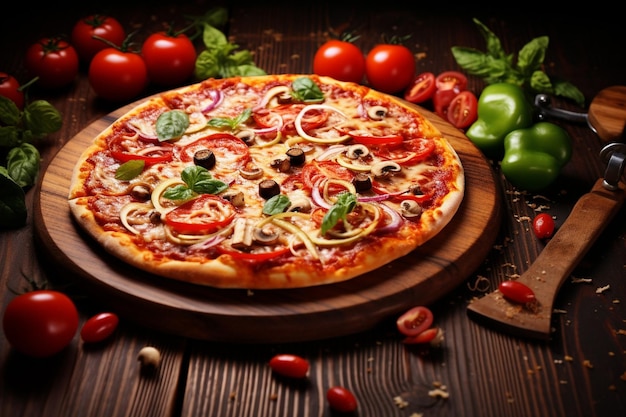 Von einer köstlichen frisch zubereiteten Pizza auf einem schwarzen Hintergrund