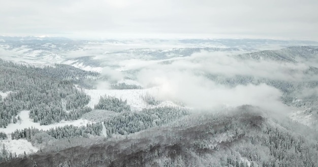 Von großer Höhe märchenhafte Berglandschaft schneebedeckte alpine scharfe Gipfel Wilder Winter in den Karpaten Ukraine Dicke weiße Wolken Freiraum Antenne 4K