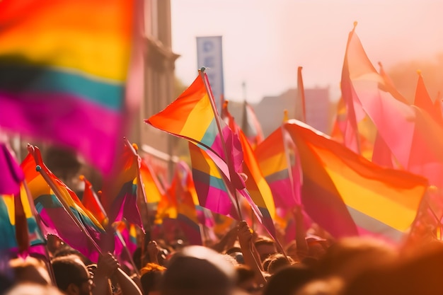 Von Gutai inspirierte Pride Parade – dynamische Darstellung bunter Flaggen und fröhlicher Bewegungen