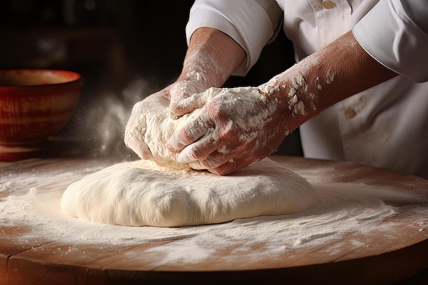 Von Hand geworfener Pizzateig in Aktion