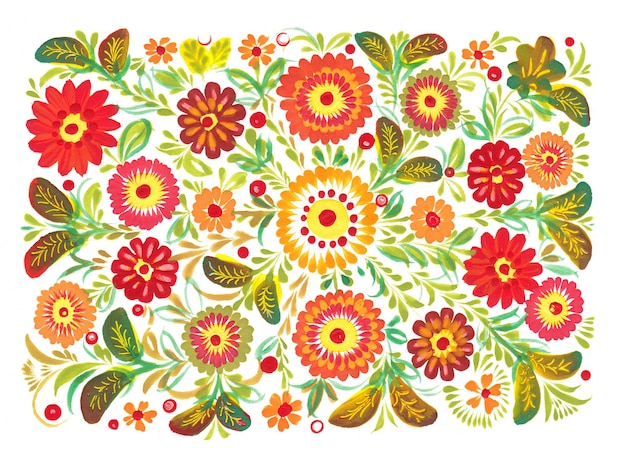 Von Hand gezeichnete Blumenmalerei getrennt auf Weiß. Perfekter Druck für Karten, Dekor. Petrykiwka-Stil