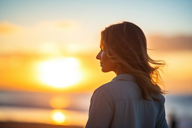 Von hinten beleuchtete Silhouette einer Person vor einem Sonnenuntergang am Strand