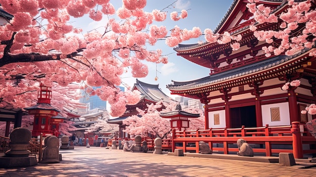 Von KI erstelltes Foto von Kirschblüten und dem Sensoji-Tempel in Asakusa, Tokio, Japan