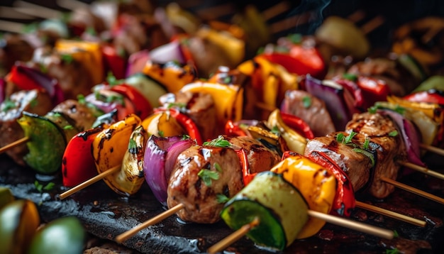 Von KI erzeugte, auf Holzkohle gegrillte Fleisch- und Gemüsespieße