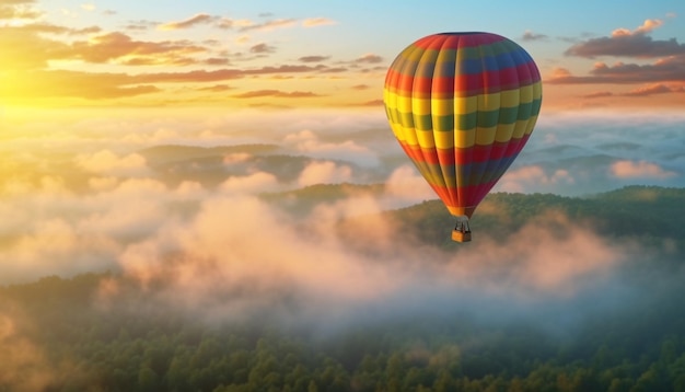 Von KI erzeugter Heißluftballon schwebt bei Sonnenuntergang hoch über der Bergkette