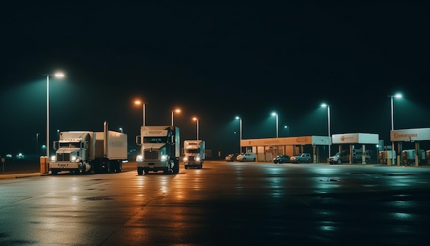 Von KI erzeugter Sattelschlepper, der in der Abenddämmerung Fracht auf der Autobahn liefert