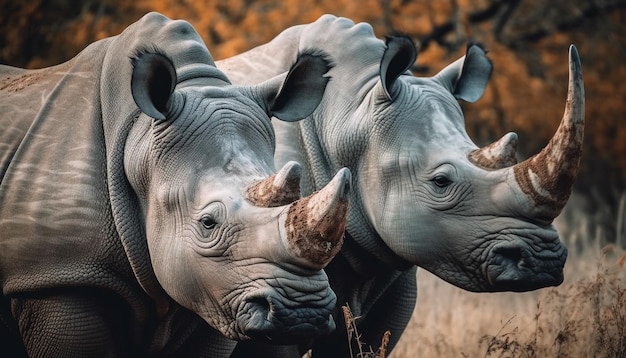 Von KI erzeugtes Nashorn mit Stoßzähnen, das in der Nähe eine Elefantenherde weidet