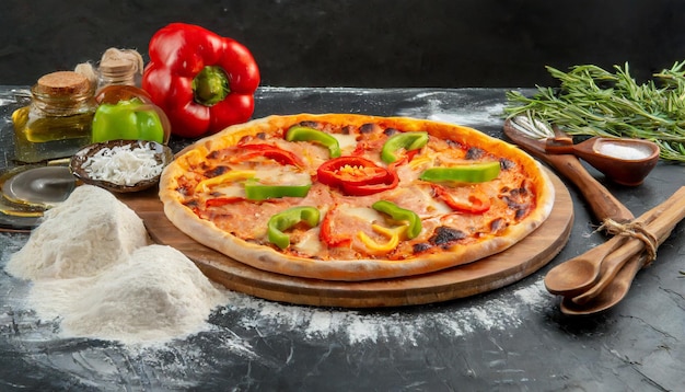 Von KI generierte Fotopizza mit gemischten Zutaten, Käse und Tomaten