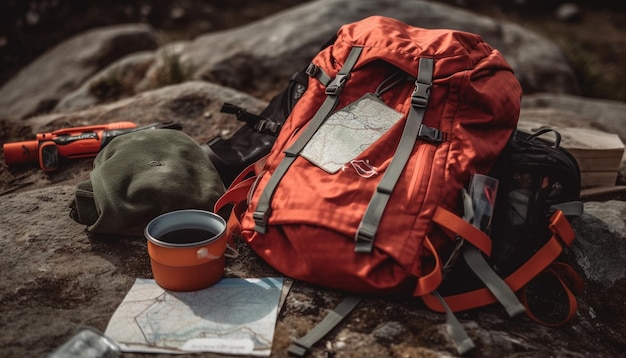 Foto von ki generierter wanderrucksack, abenteuertasche zum bergsteigen und erkunden