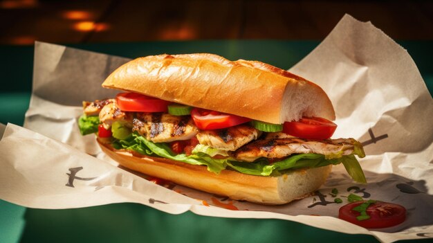 Von oben appetitvolles Sandwich mit gegrilltem Hühnchen Illustration AI GenerativexA