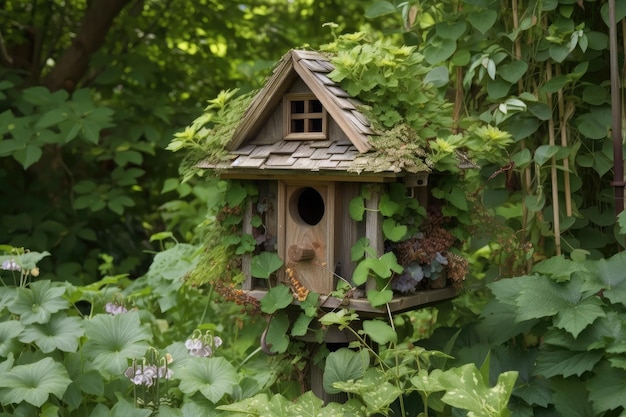 Von üppigem Blattwerk umgebenes Vogelhaus mit darunter hängenden Futterhäuschen, erstellt mit generativer KI