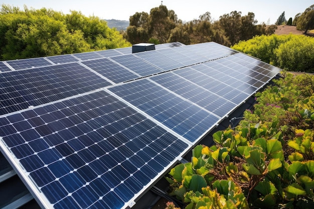 Von viel Grün umgebenes Solarpanel-Array auf einem mit generativer KI erstellten Dach