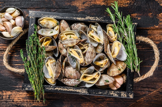 Vongole de almejas en una bandeja de madera con hierbas. Fondo de madera oscura. Vista superior.