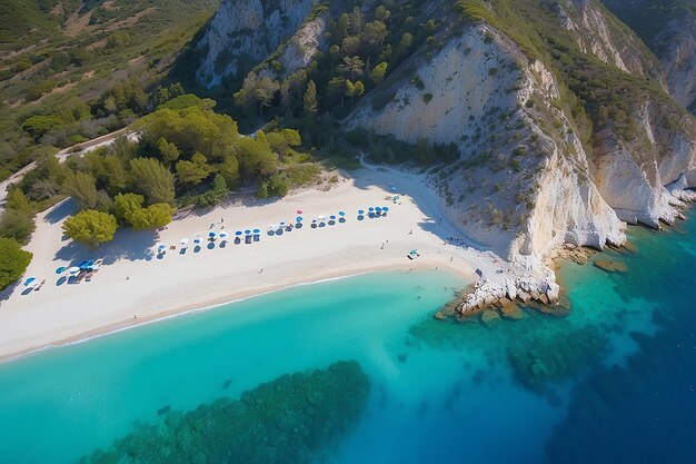 Voo aéreo com drone sobre a famosa praia de Kavalikefta, na ilha de Lefkada, no Mar Jônico, na Grécia