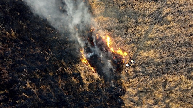 Vôo aéreo de drone sobre dois bombeiros apagando fogo em campo