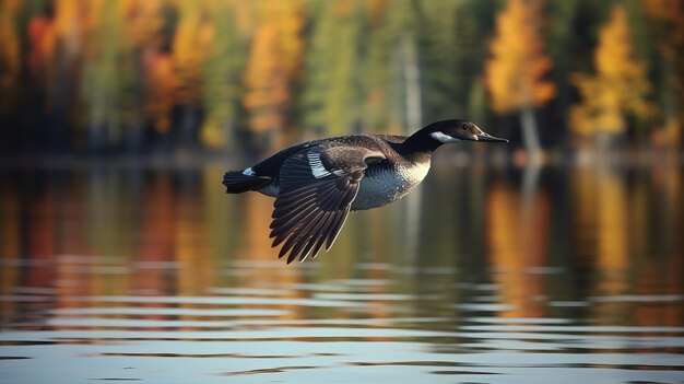 Foto voo de alta velocidade de loon comum na floresta imagem real 8k