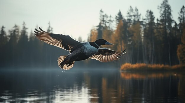 Foto voo de alta velocidade de loon comum na floresta imagem real 8k