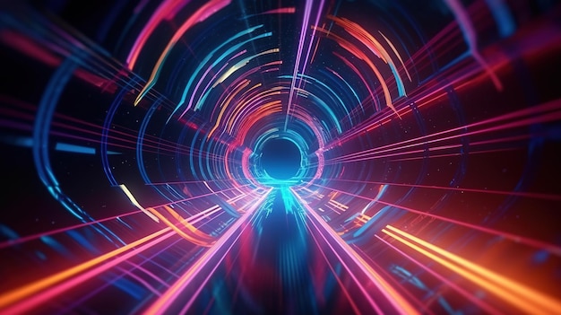 Voo de hiperdrive abstrato em um túnel de néon