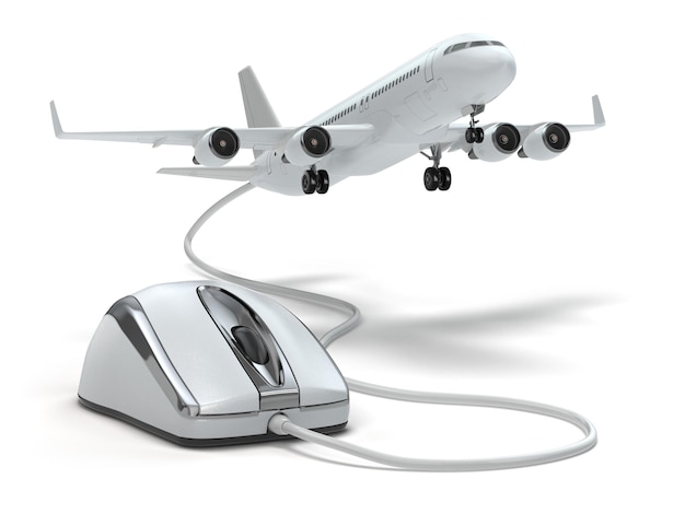 Voo de reserva online ou conceito de viagem. mouse de computador e avião. 3d