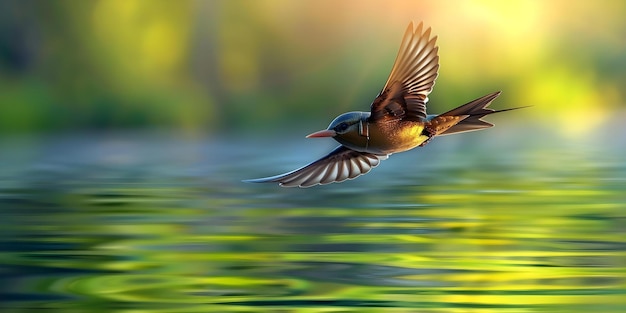 Foto voo rápido de um swift comum adulto em direção a um lago com reflexão de água verde conceito fotografia da natureza observação de pássaros swift migração reflexão do lago observação de vida selvagem