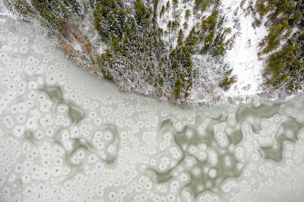 Voo sobre um lago congelado na floresta da Áustria