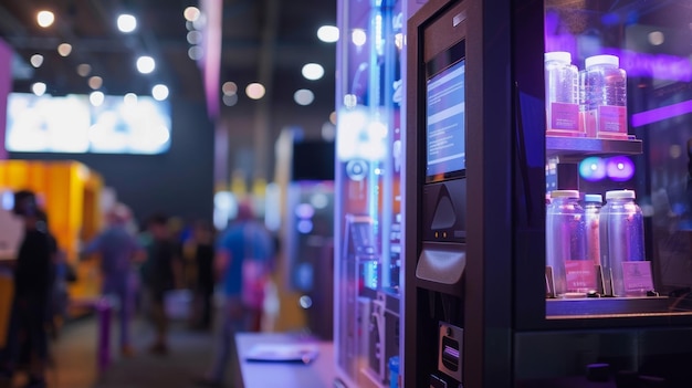 Vor dem Hintergrund von blinkenden Bildschirmen und schimmernden Geräten der Podium-Dispenser auf der Tech-Expo