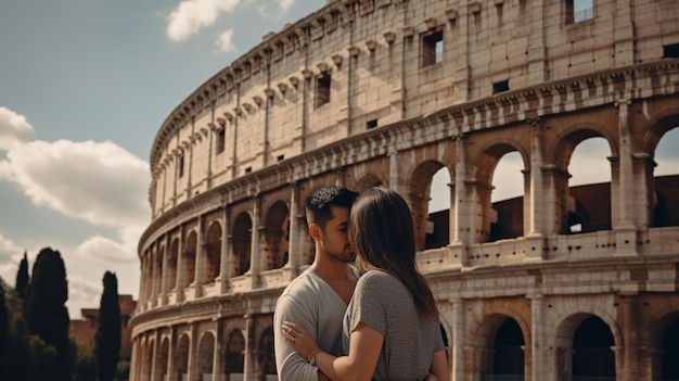 Foto vor dem kolosseum in rom italien ein liebespaar generative ai