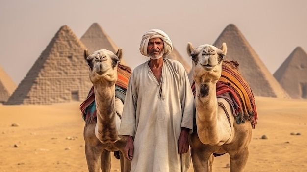 Vor den Pyramiden und der Sphinx von Gizeh stehen Beduinen mit Kamelen, die KI erzeugen