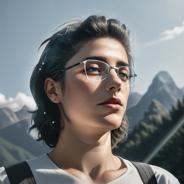 Vor einem Berg steht eine Frau mit Brille