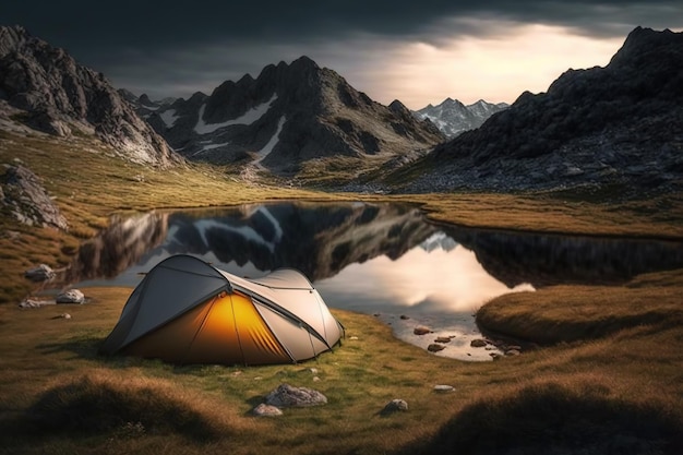 Vor einem Bergsee wird ein Zelt aufgebaut.