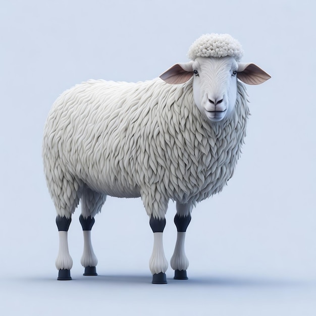 Vor einem blauen Hintergrund steht ein Schaf mit weißem Gesicht und schwarzen Beinen.