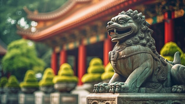 Foto vor einem chinesischen tempel eine löwenstatue mit generativer ki