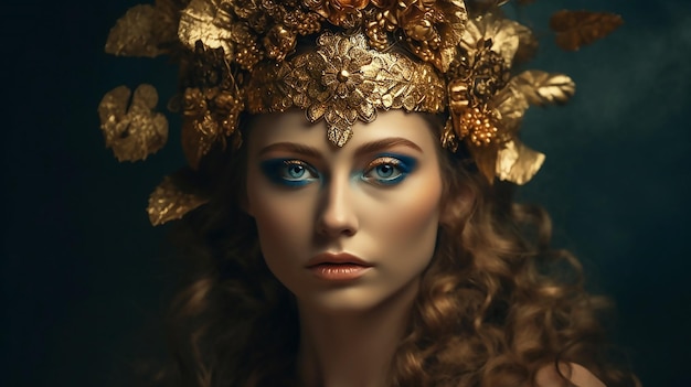Vor einem dunklen Hintergrund steht eine Frau mit goldener Krone und blauen Augen.