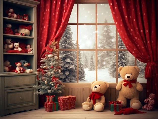 Vor einem Fenster sitzen zwei Teddybären mit Weihnachtsdekorationen, generative KI