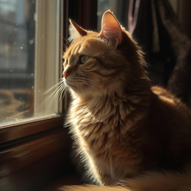 Vor einem Fenster sitzt eine Katze. Generative KI