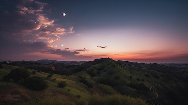 Vor einem geheimnisvollen Hintergrund steigt der Vollmond anmutig herab und malt den Himmel mit seinem strahlenden Licht, während er hinter dem Horizont untergeht. Generiert von KI